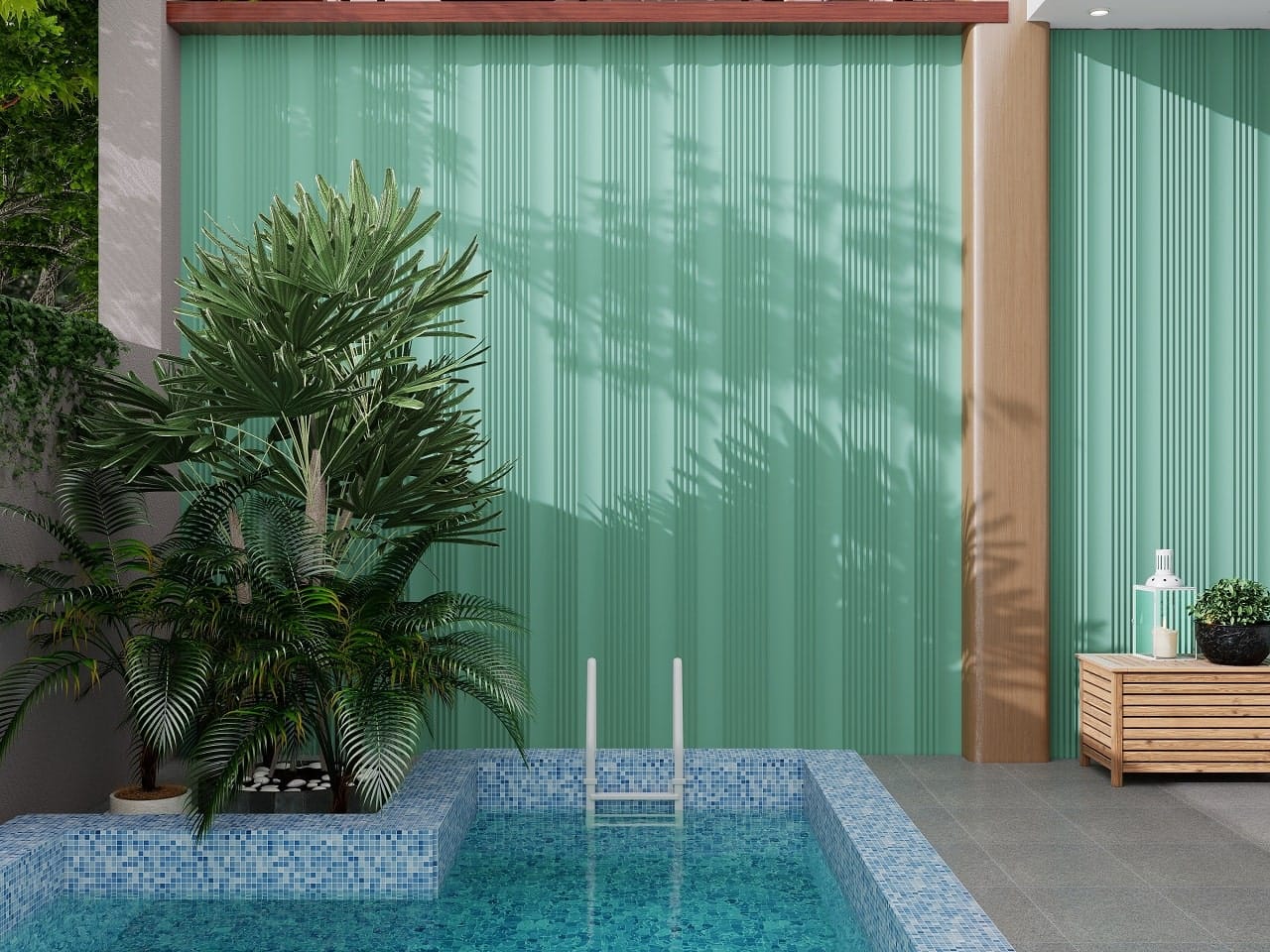 Textured concrete wall panel with three-dimensional pattern in interior space