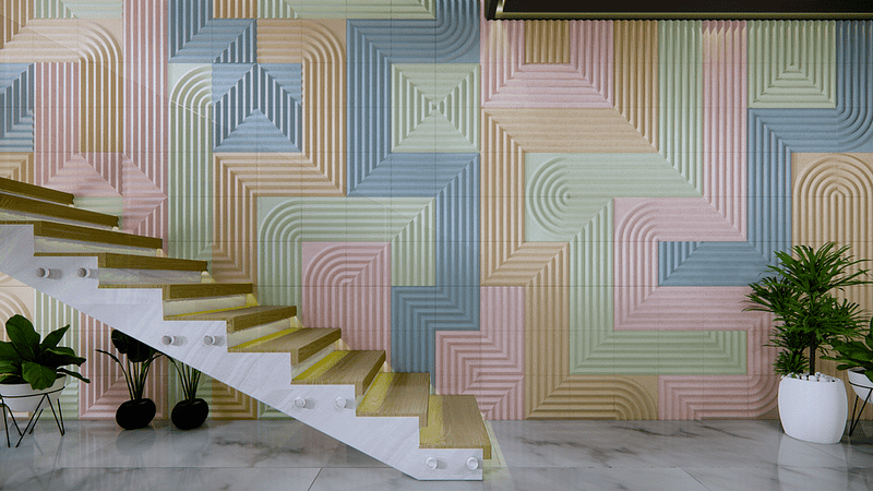 Path concrete wall panel with directional groove detailing guiding the eye across the wall