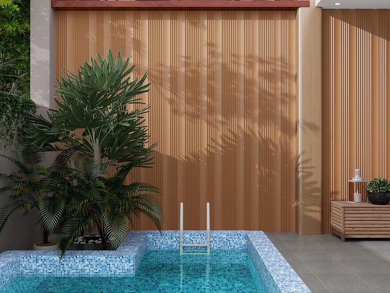 String concrete wall panel with rhythmic vertical groove pattern creating shadow play