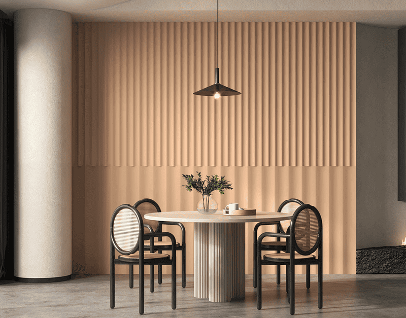 Curtain concrete wall panel featuring soft vertical folds in textured concrete