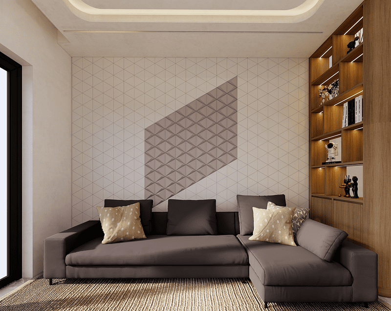 Prism concrete wall panel with angular faceted surfaces reflecting dynamic light